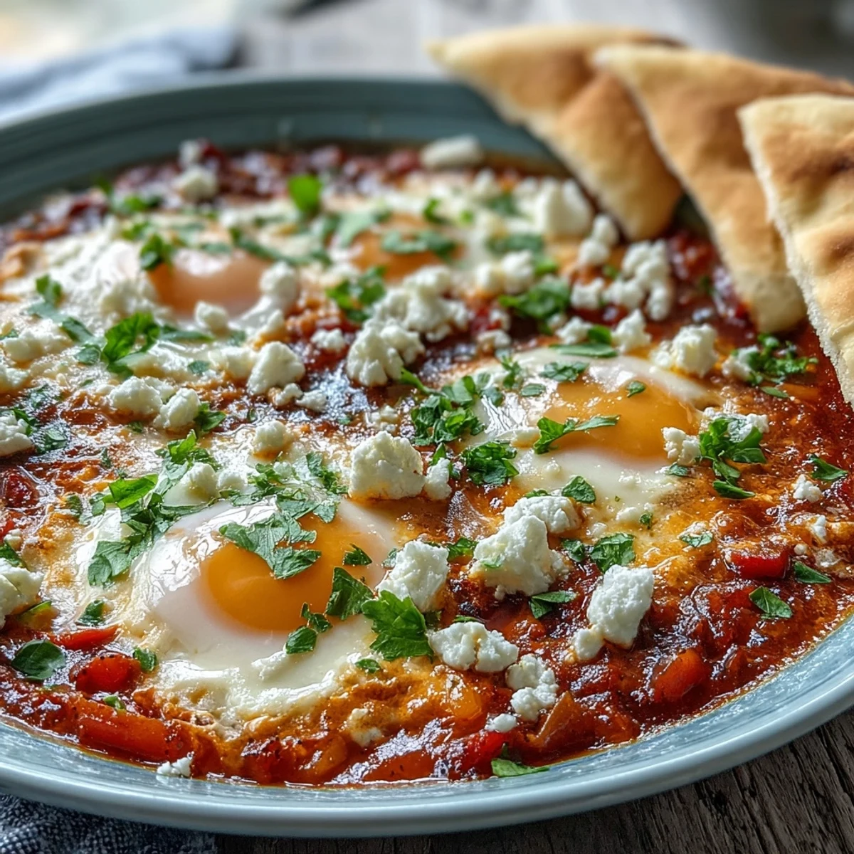 Shakshuka Bowl : œufs pochés dans sauce tomate épicée, parfaits avec pita chaud.