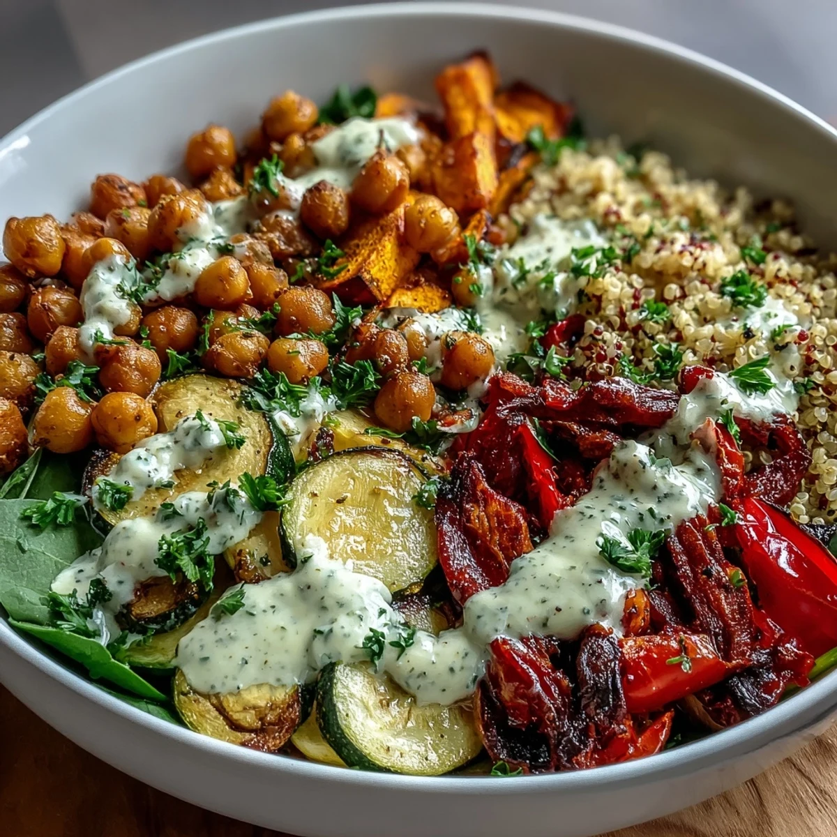 Délicieux bol végétalien de pois chiches rôtis croquants avec dressing crémeux au tahini.