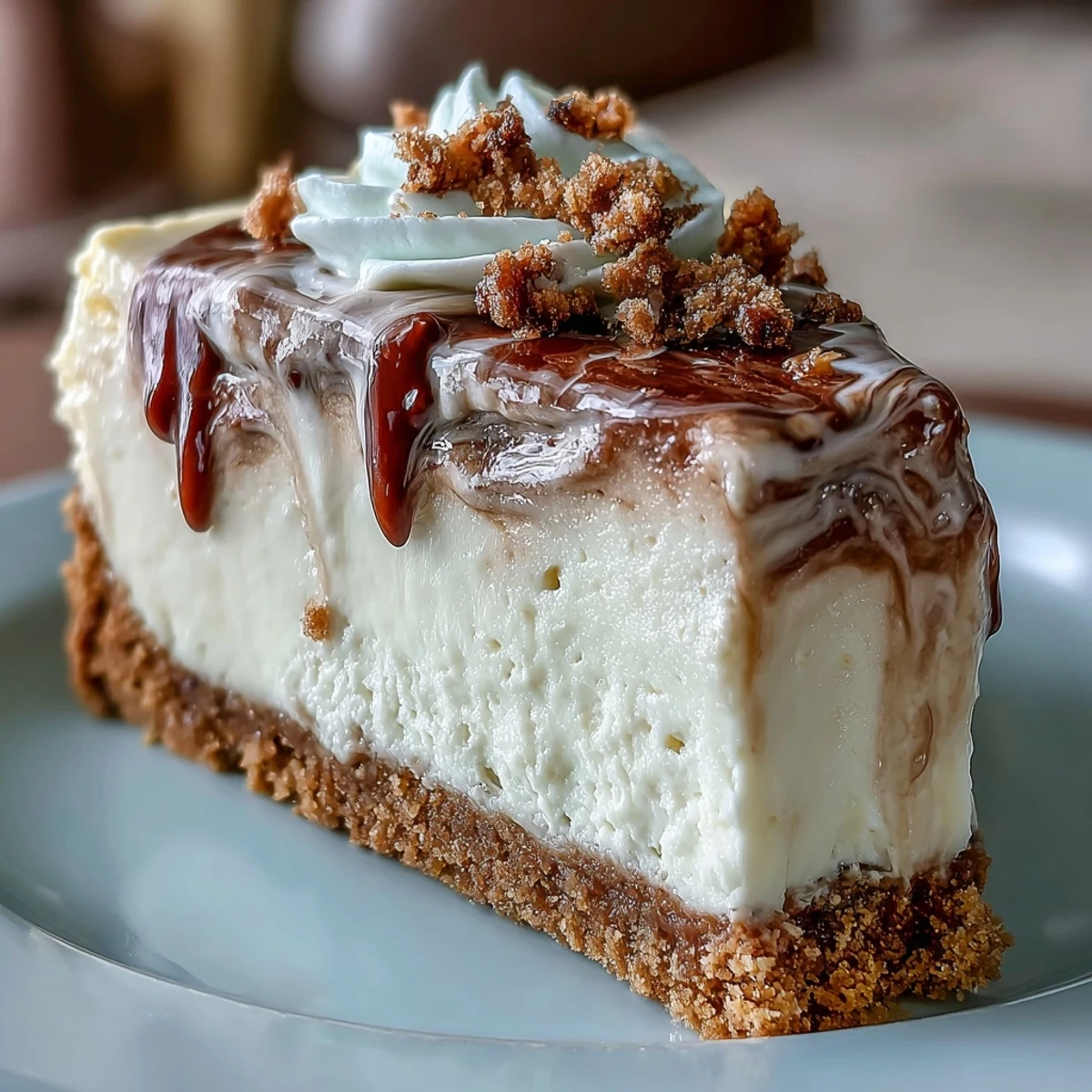 Hojicha Cheesecake sur sa base de biscuits Graham, marbrée de thé grillé et servie avec une légère crème fouettée.
