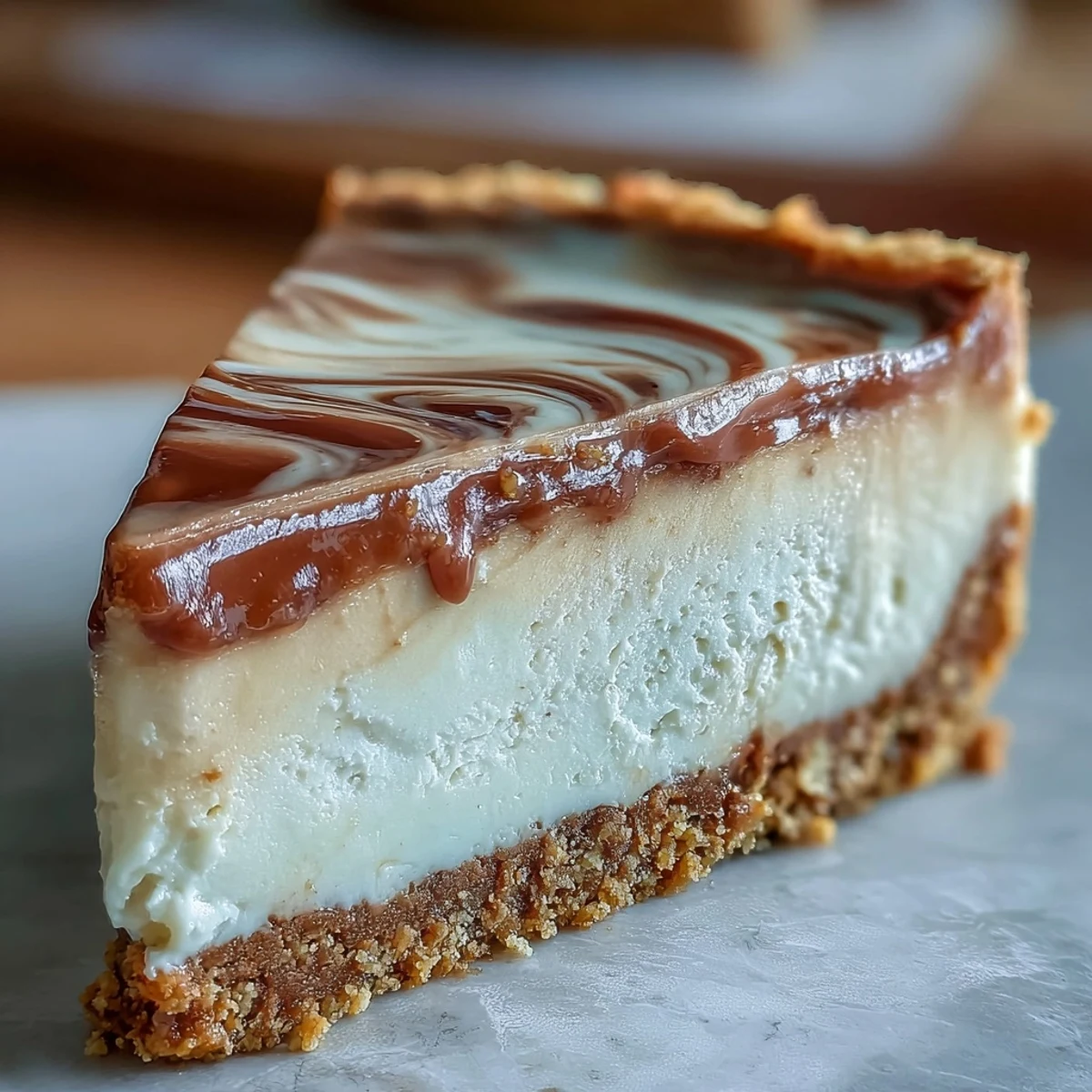 Une tranche de Hojicha Cheesecake crémeuse aux notes torréfiées, posée sur une assiette blanche pour un contraste élégant.