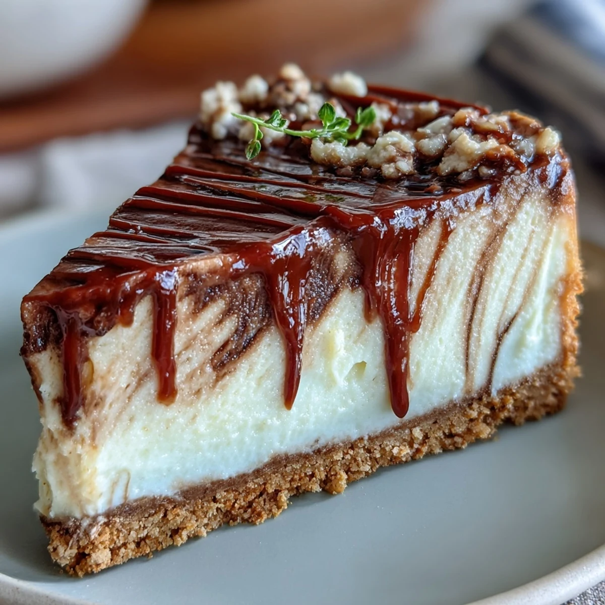 Gros plan sur un Hojicha Cheesecake juteux et moelleux, avec un nuage de crème fouettée et une pincée de poudre de thé.