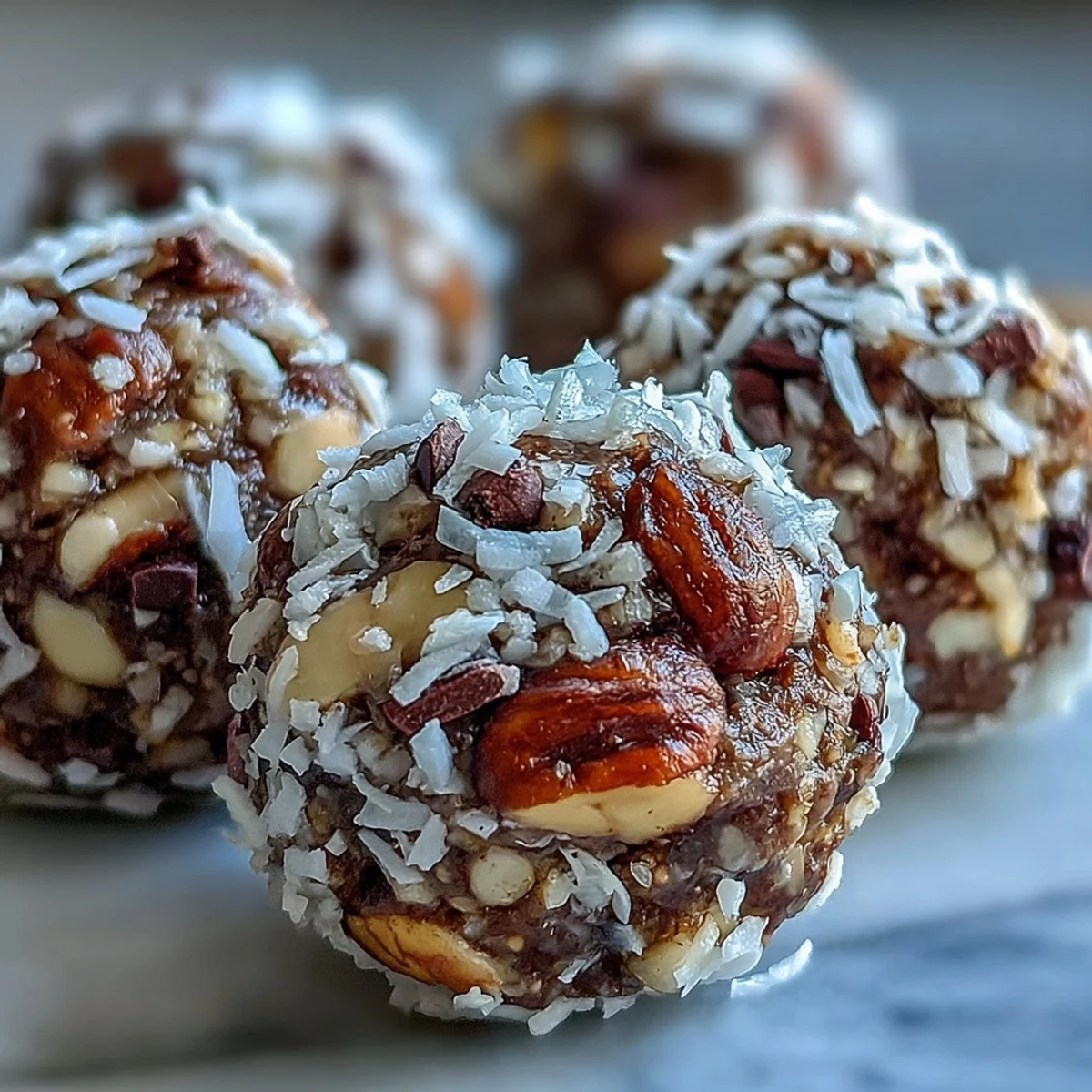 Boules énergétiques Hojicha roulées dans de la noix de coco râpée, offrant une texture croquante et sucrée.