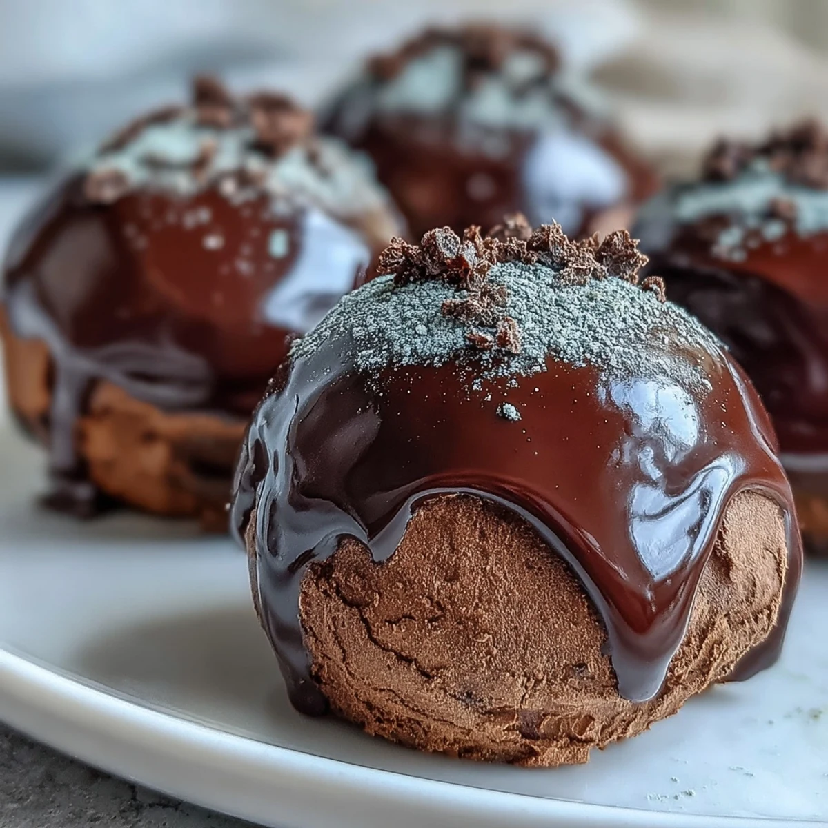 Truffles Hojicha enrobées de poudre de thé vert rôti sur un plateau rustique, pour un dessert élégant.