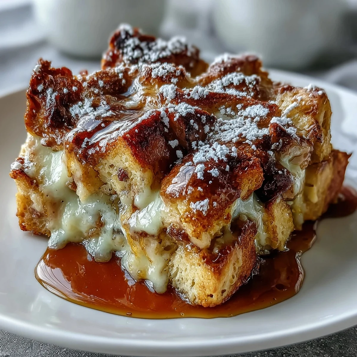 Casserole du petit-déjeuner Monte Cristo dorée au four, garnie de sucre glace et sirop d'érable