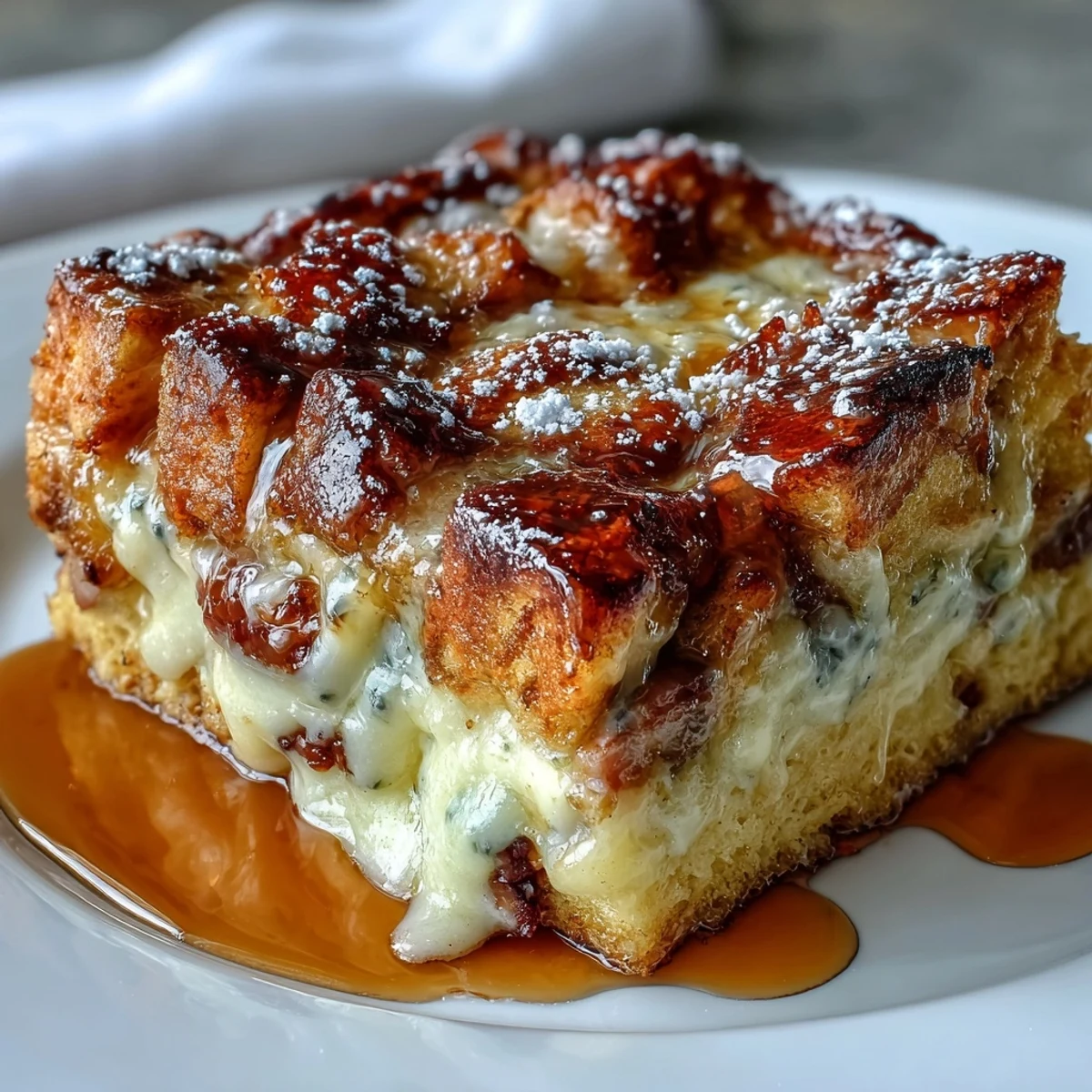 Tranche de casserole du petit-déjeuner Monte Cristo servie avec des baies et du sirop d'érable