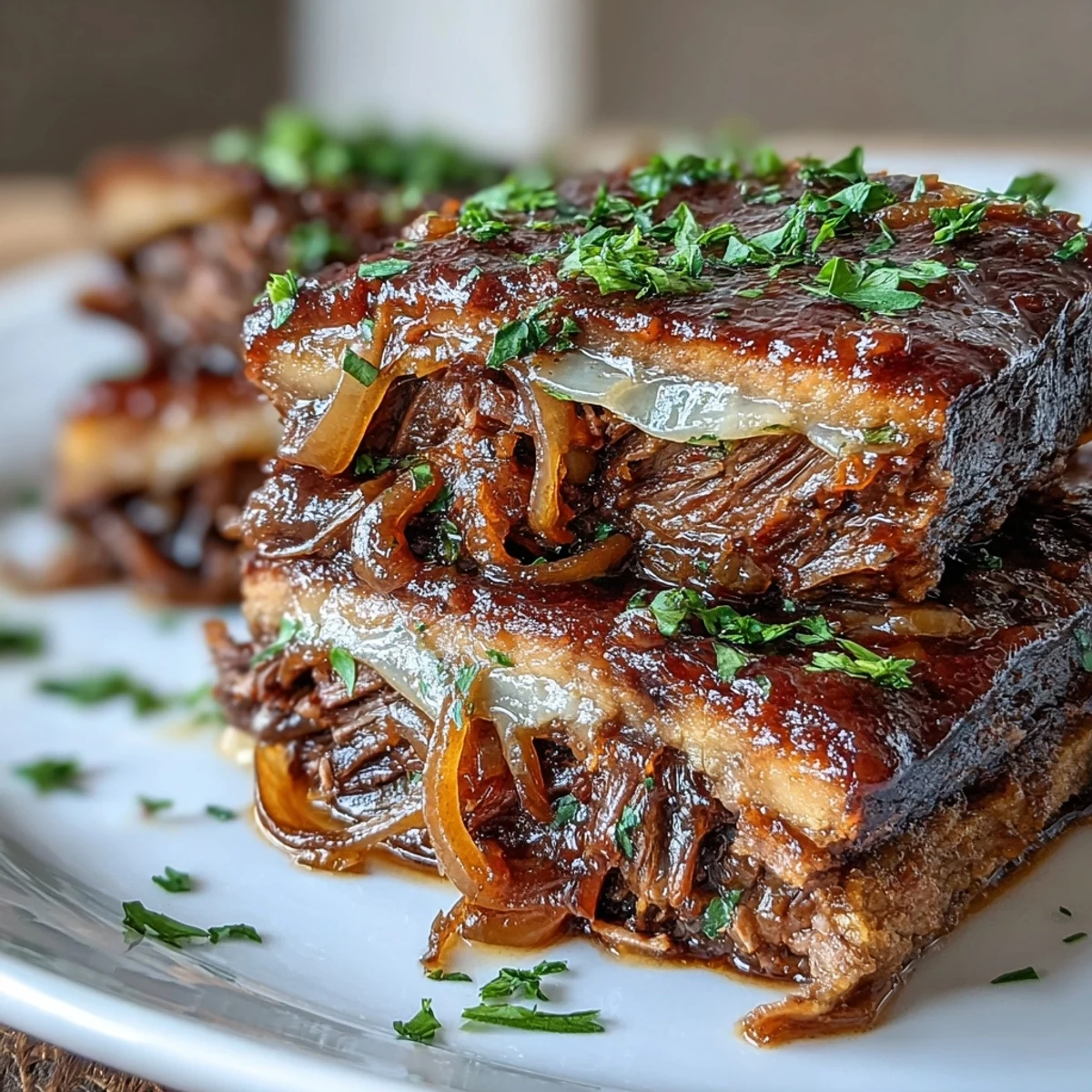 Savory Crock Pot French Onion Pot Roast est fondant dans un lit d’oignons caramélisés et de thym, avec du Gruyère fondu et du persil frais.