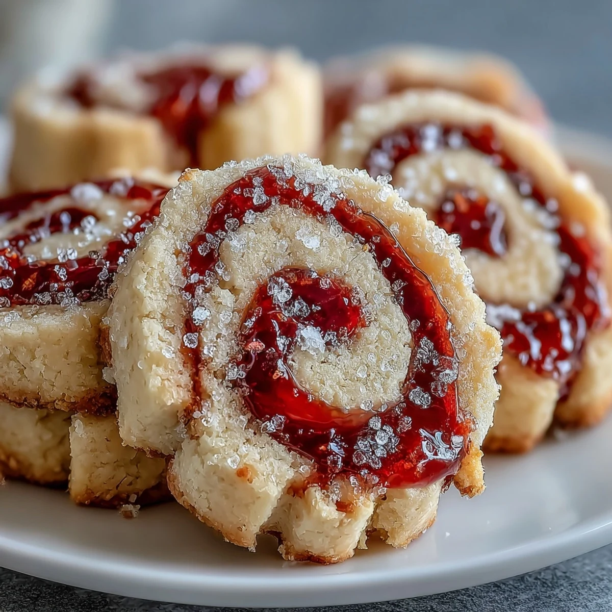 Flaky Raspberry Swirl Shortbread Cookies with jammy centers on a cooling rack.