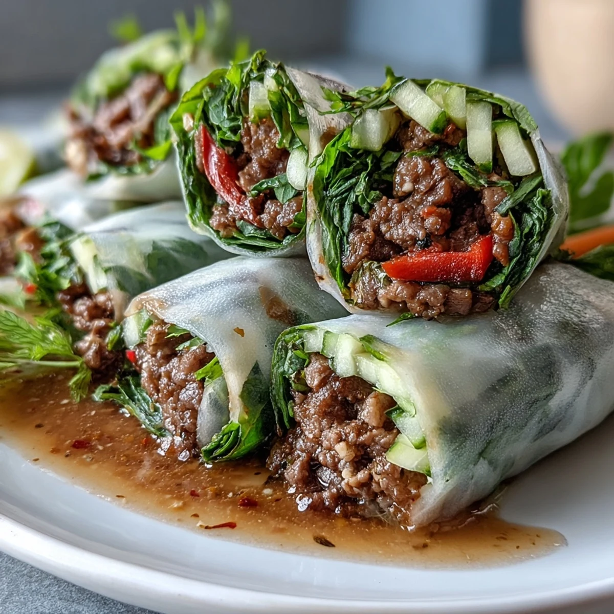 Thai Basil Beef Rolls fumantes posés sur une planche, garnis de légumes croquants et de sauce piquante pour un repas frais