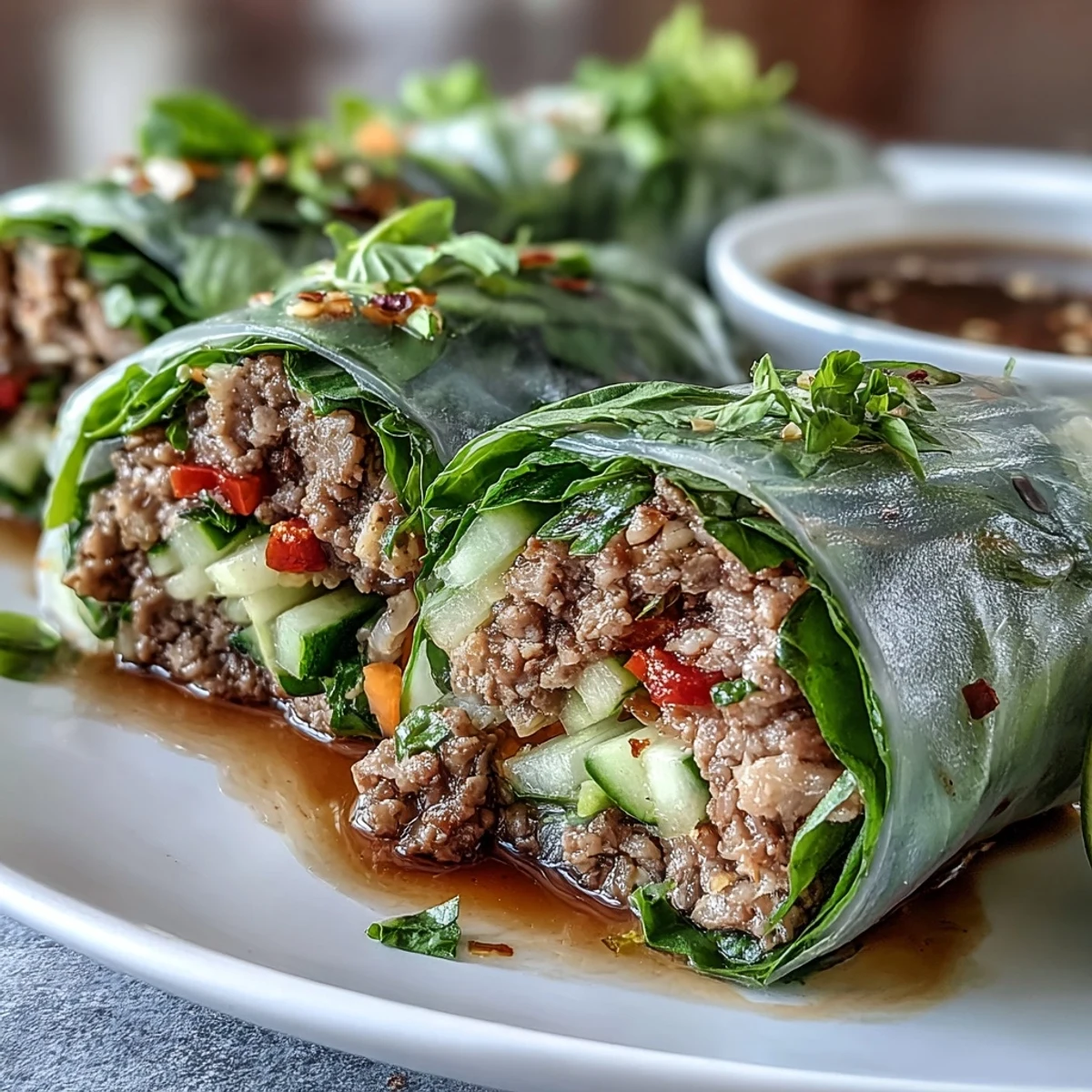 Thai Basil Beef Rolls à couper en deux, révélant une farce de bœuf épicé et du riz gluant, servis avec une sauce aigre-douce