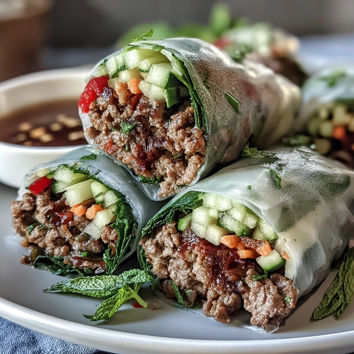 Plat de Thai Basil Beef Rolls bien enroulés dans du papier de riz, entourés de basilic thaï et de légumes juteux pour une dégustation estivale