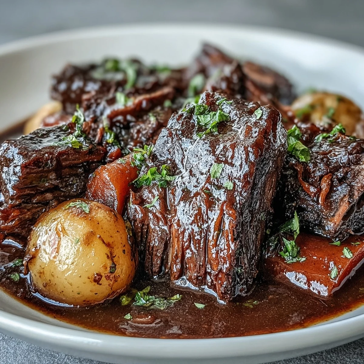 Slow-braised beef pot roast featuring hearty vegetables and a glossy, herb-infused sauce, perfect for Sunday dinner.