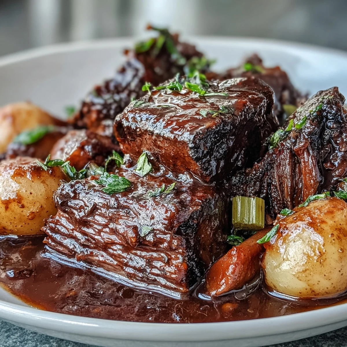 Slice of juicy beef pot roast alongside glazed carrots and potatoes, ready to serve with crusty bread.