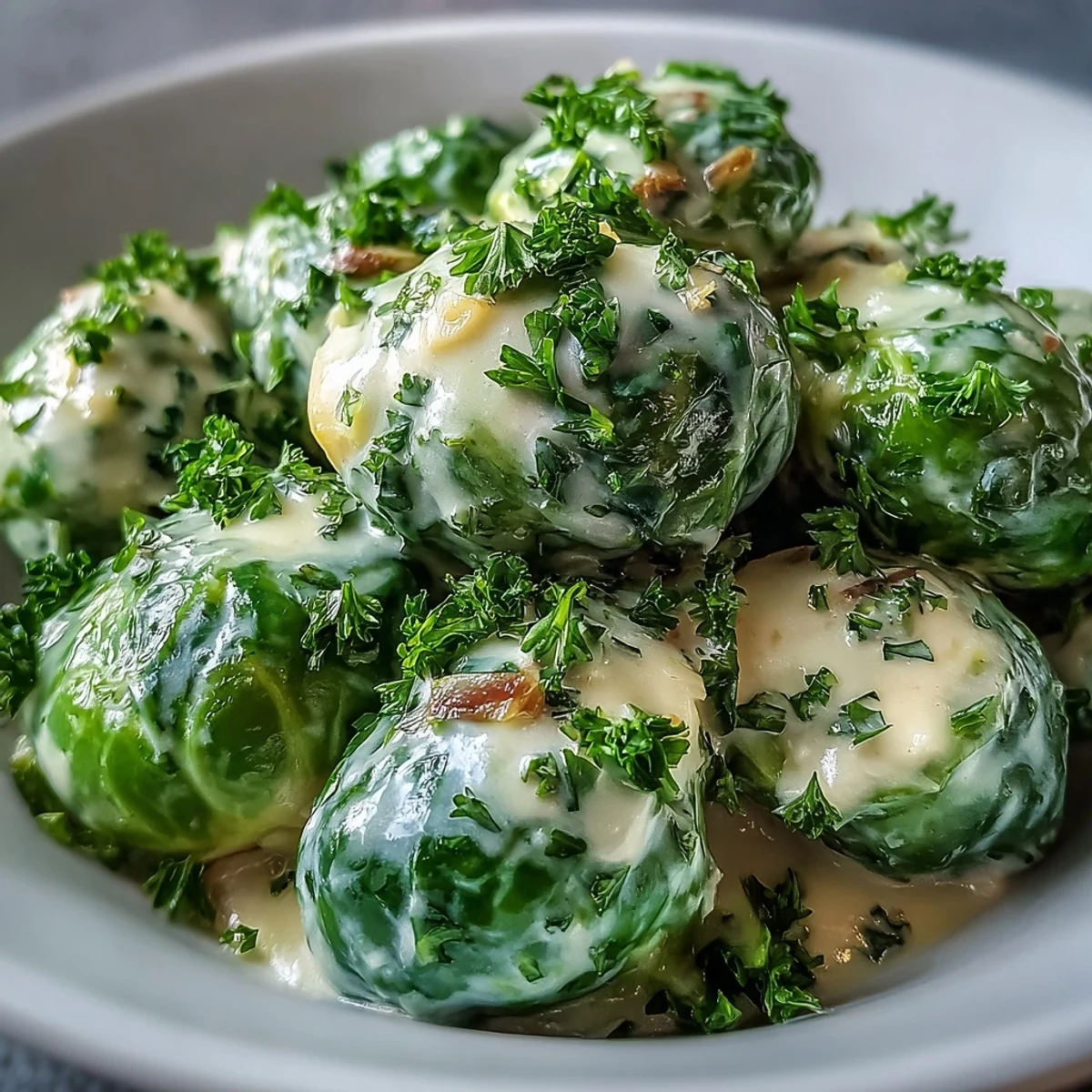 Plat végétarien allemand de Brussels sprouts en sauce onctueuse, parfait pour un repas familial rapide ou une garniture de Noël savoureuse.