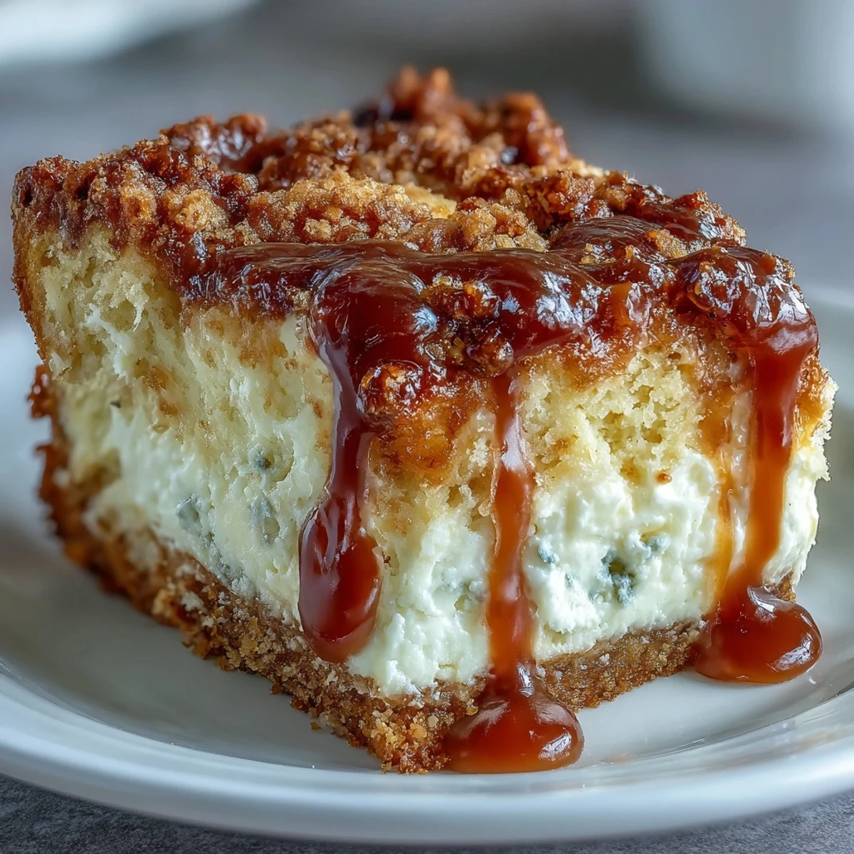 Une tranche de pain au fromage à la crème et caramel montrant le cœur crémeux et les rubans dorés de caramel, parfait pour le petit-déjeuner.