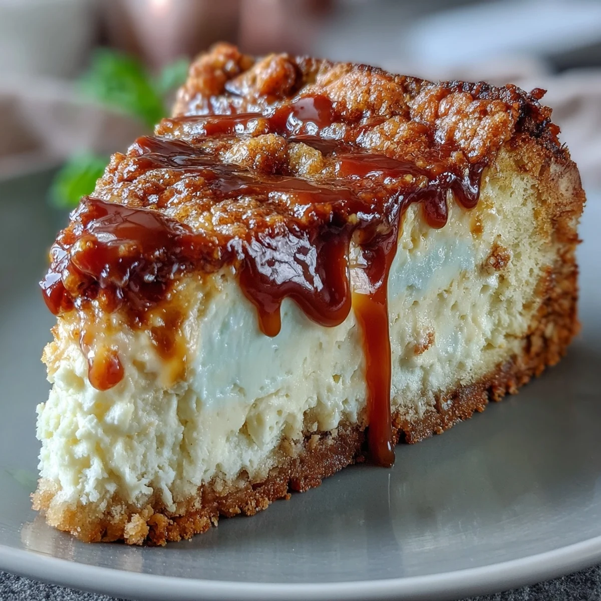 Pain moelleux au caramel et fromage à la crème, présenté sur une planche en bois avec une tasse de café pour un déjeuner gourmand.