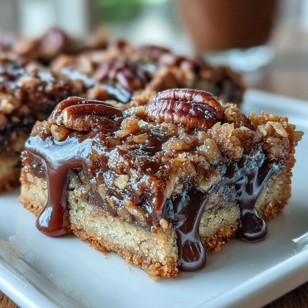 Délicieux barres tortues moelleuses et caramélisées avec chocolat et noix de pécan, en carrés dorés.