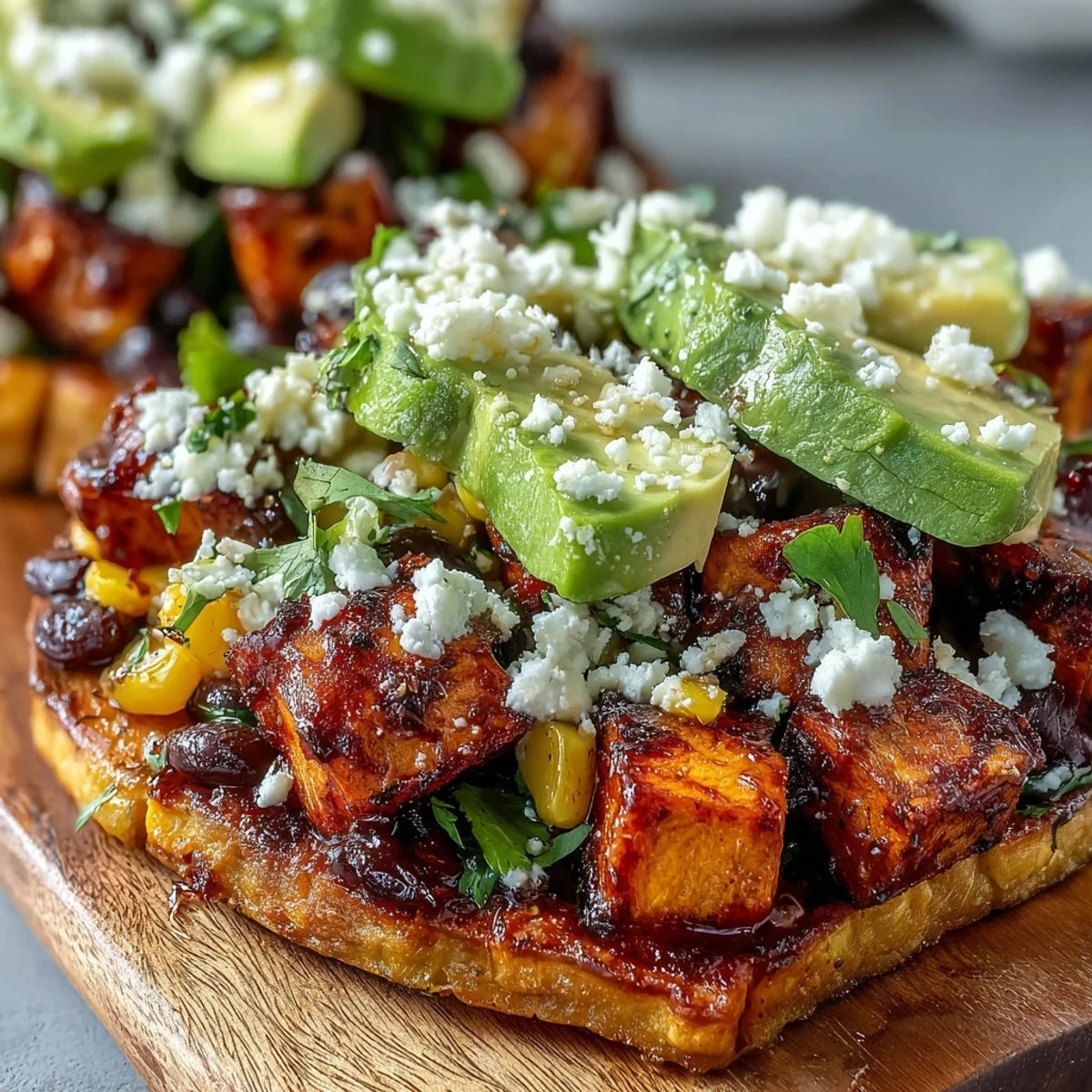 Une assiette de tostadas aux haricots noirs et patates douces, avec feta et sauce piquante.