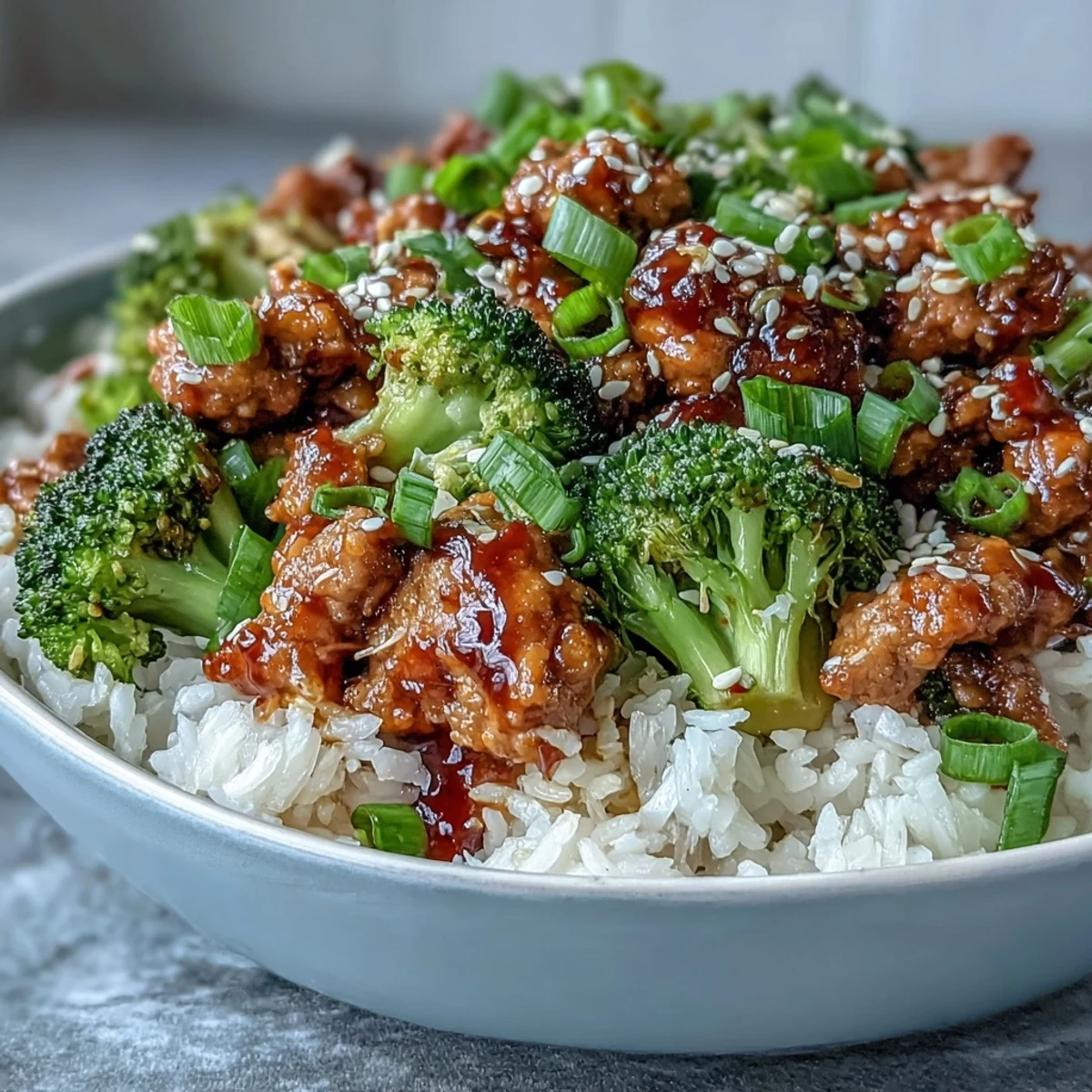 Bols de dinde épicée et douce aux brocolis, glaçage miel-sriracha fumé sur riz brun et brocolis vapeur.