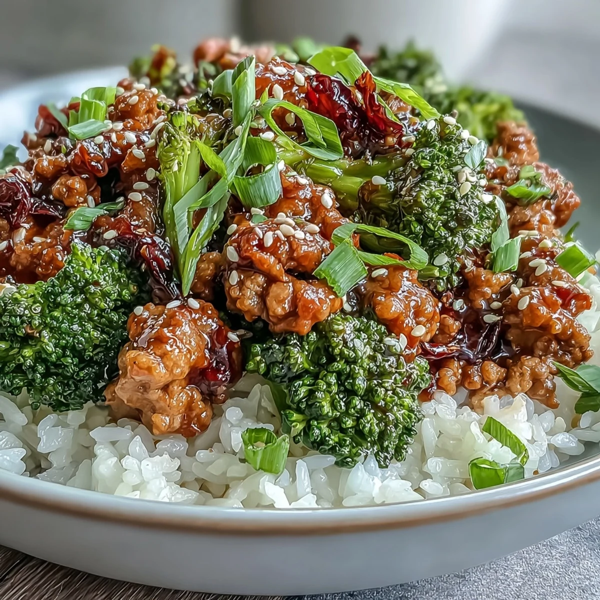 Cuisine asiatique facile, dinde en sauce sucrée-salée avec brocoli croustillant, garnie d'oignon vert et de graines de sésame.