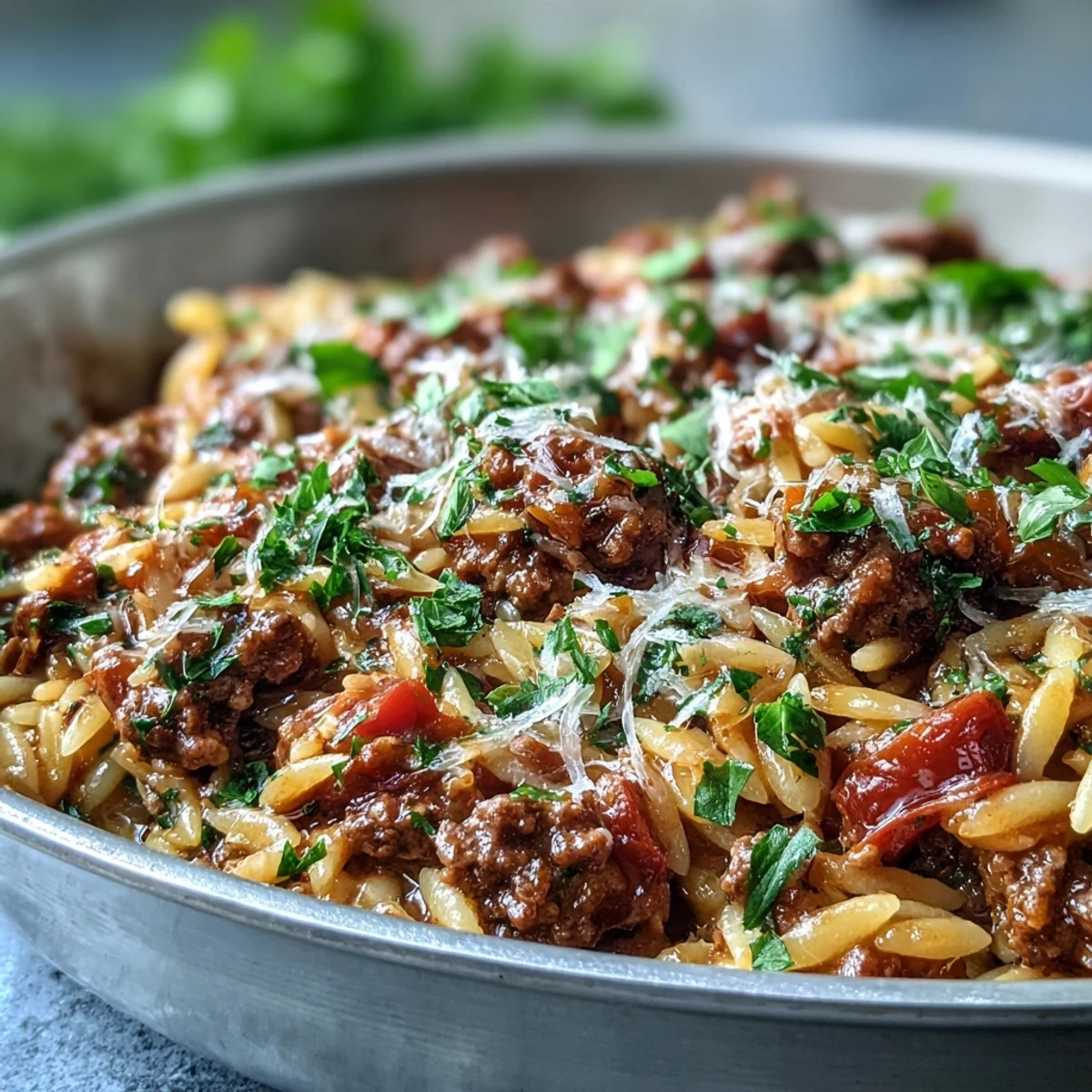Généreuse portion de Comforting Ground Beef Orzo Dinner servie avec du persil frais et du parmesan fondant.