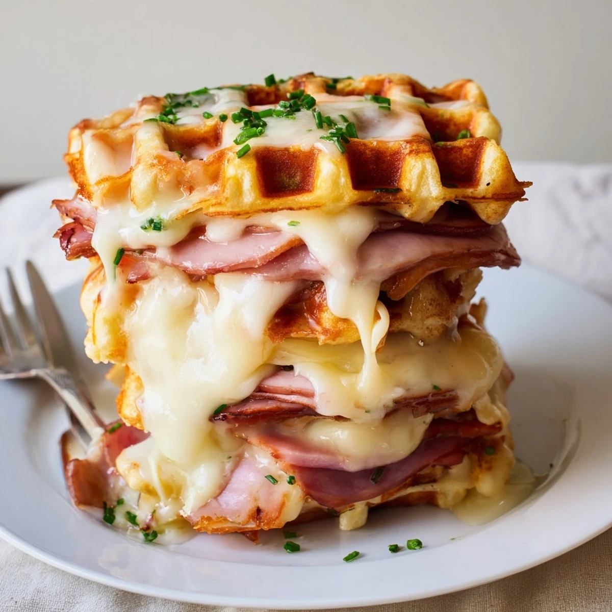 Waffles croustillants au Croque Monsieur, nappés de béchamel crémeuse dorée.  