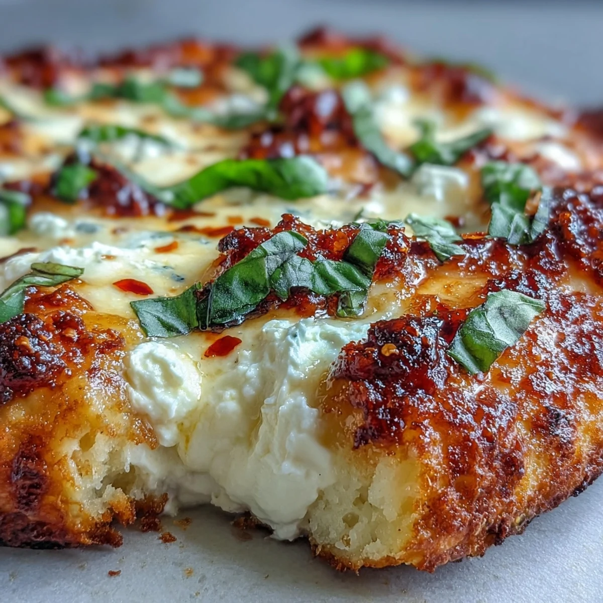 Un pizza à la ricotta et au miel épicé, bien croustillant et couvert de fromage fondant et de basil frais.