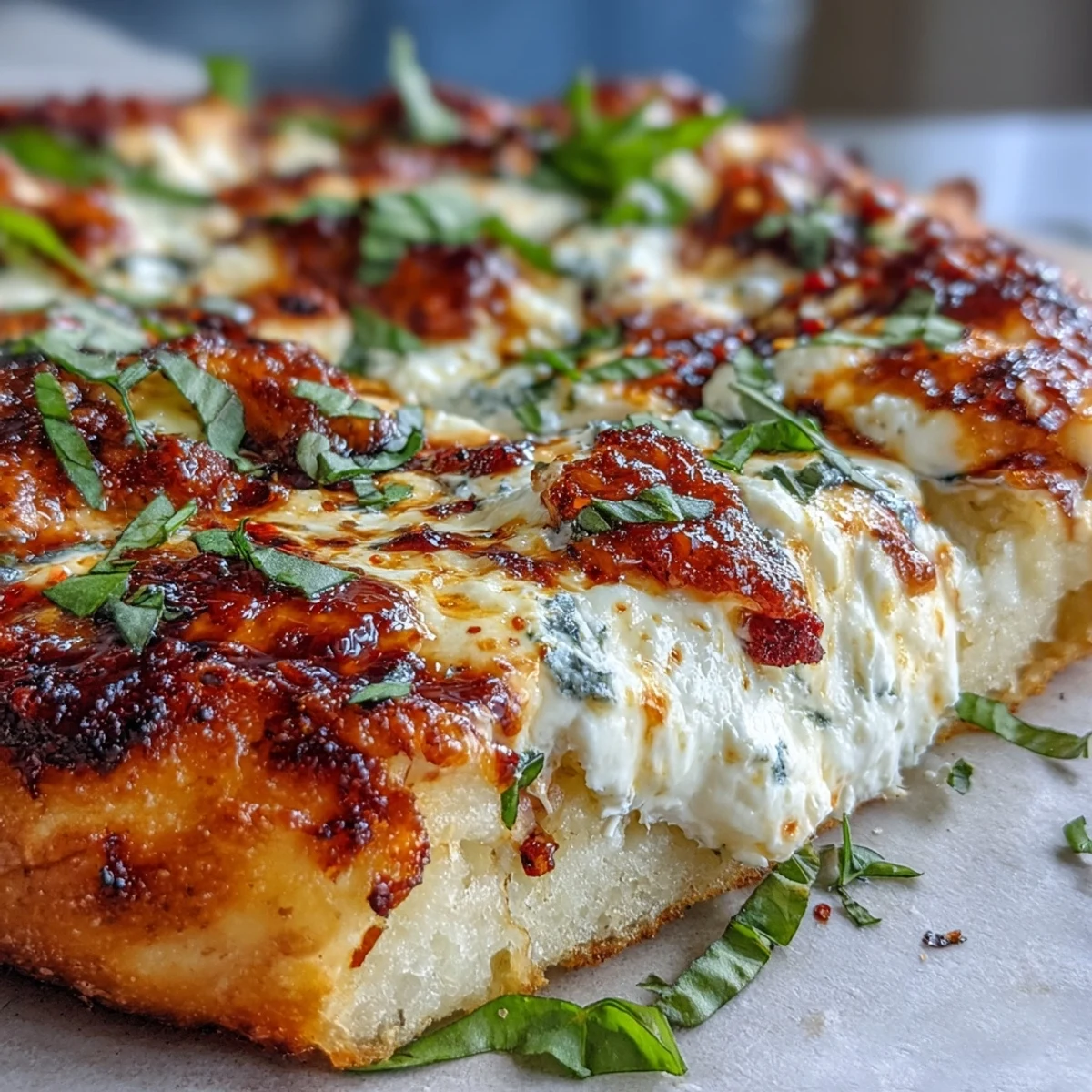 Une part de pizza à la ricotta et au miel épicé, arrosée d’un filet doré sur un fond rustique.
