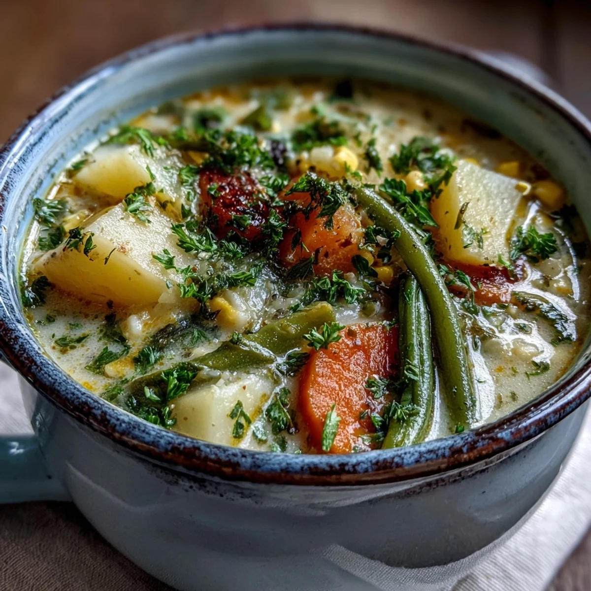 Bol fumant d'Amish Snow Day Soup, garni de légumes tendres et de crème, parfait pour une journée enneigée.