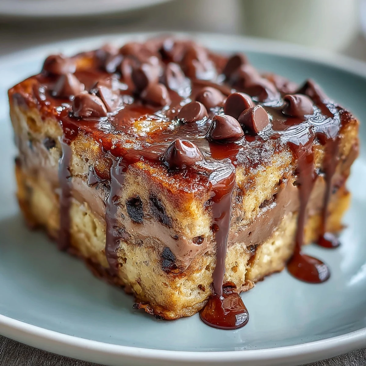 Baked French toast aux éclats de chocolat et beurre de cacahuète, présenté dans un plat à gratin doré avec des chips de chocolat noir fondant.
