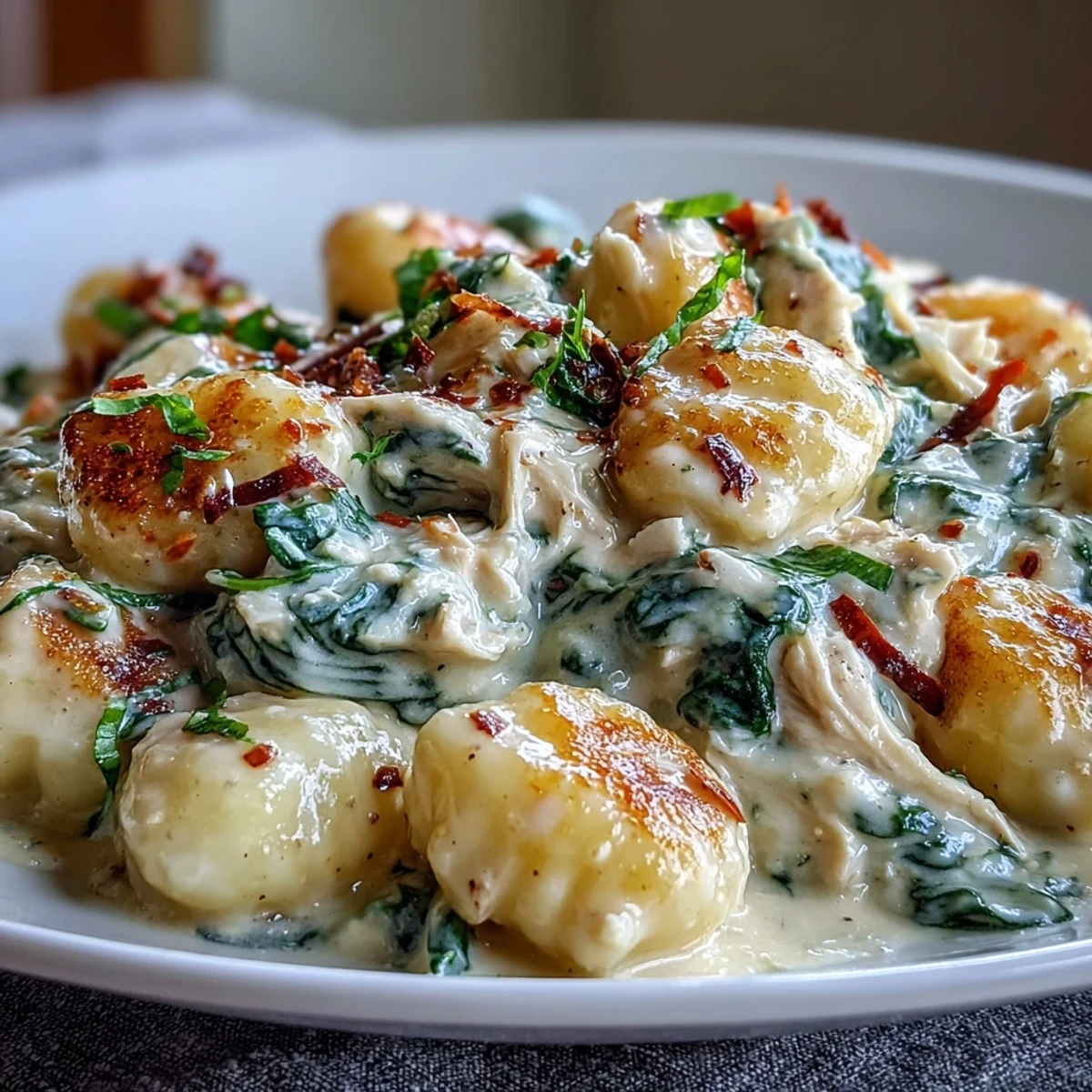 Gnocchi crémeux à la Parmesan et épinards avec poulet, nappés de sauce onctueuse à l'ail et servis bien chaud dans une assiette.