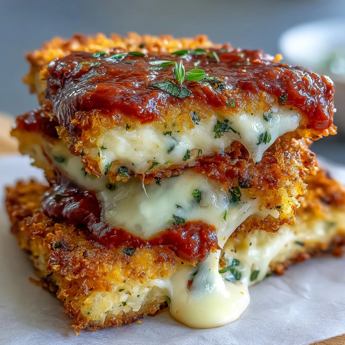 Crispy Tofu Chicken Parm Bakes with golden crust, rich marinara and bubbling mozzarella, served hot.
