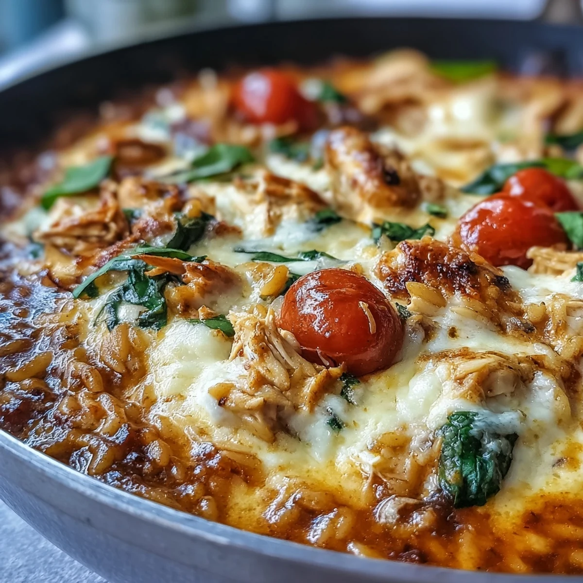 Creamy One-Pan Creamy Chicken Lasagna Orzo with ricotta dollops and fresh basil garnish