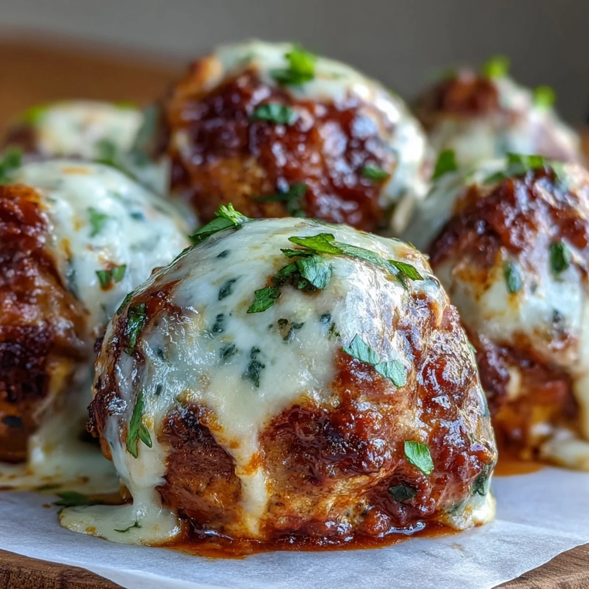 Spicy chicken Parm meatballs bubbling in rich marinara with gooey mozzarella, served over spaghetti for a cozy Italian-American dinner.