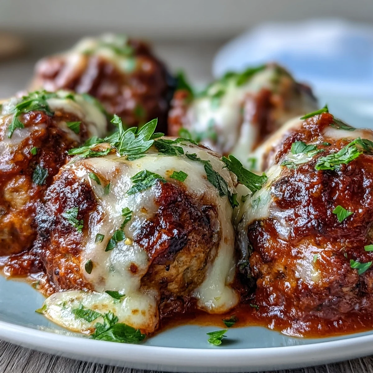 Golden baked spicy chicken Parm meatballs with mozzarella, fresh parsley garnish, ready to serve as sliders or a hearty main.