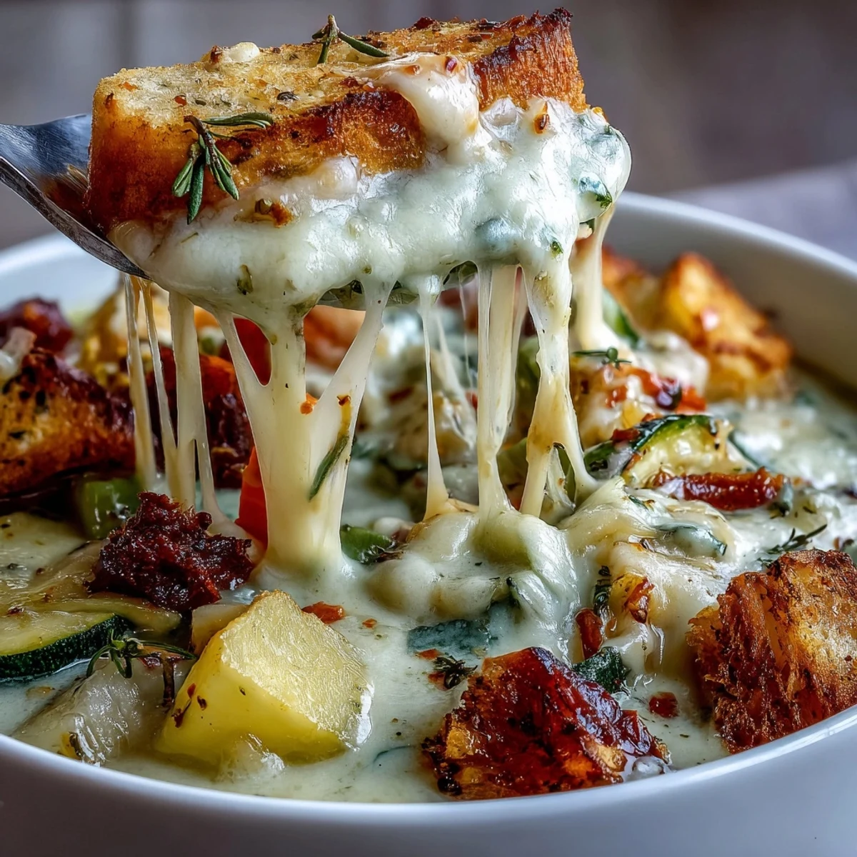 Une vue éclatante de la soupe crémeuse à l'ail et au parmesan, servie chaude dans un bol rustique avec du pain grillé.