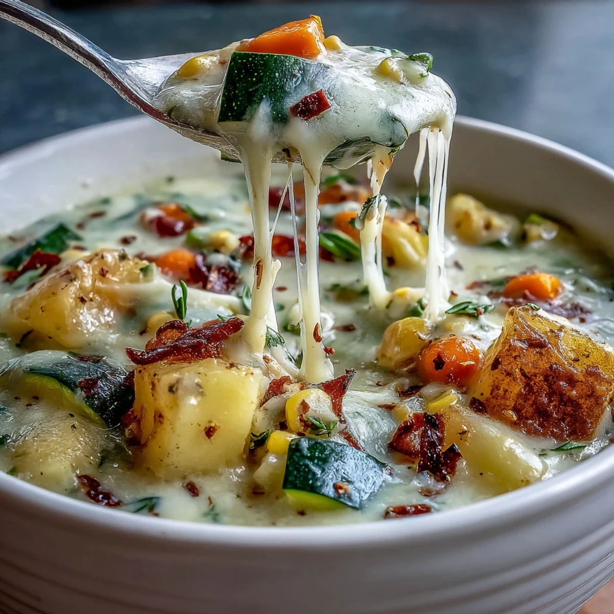 Cette soupe crémeuse à l'ail et au parmesan déborde de légumes colorés et de mozzarella fondante pour un repas réconfortant.