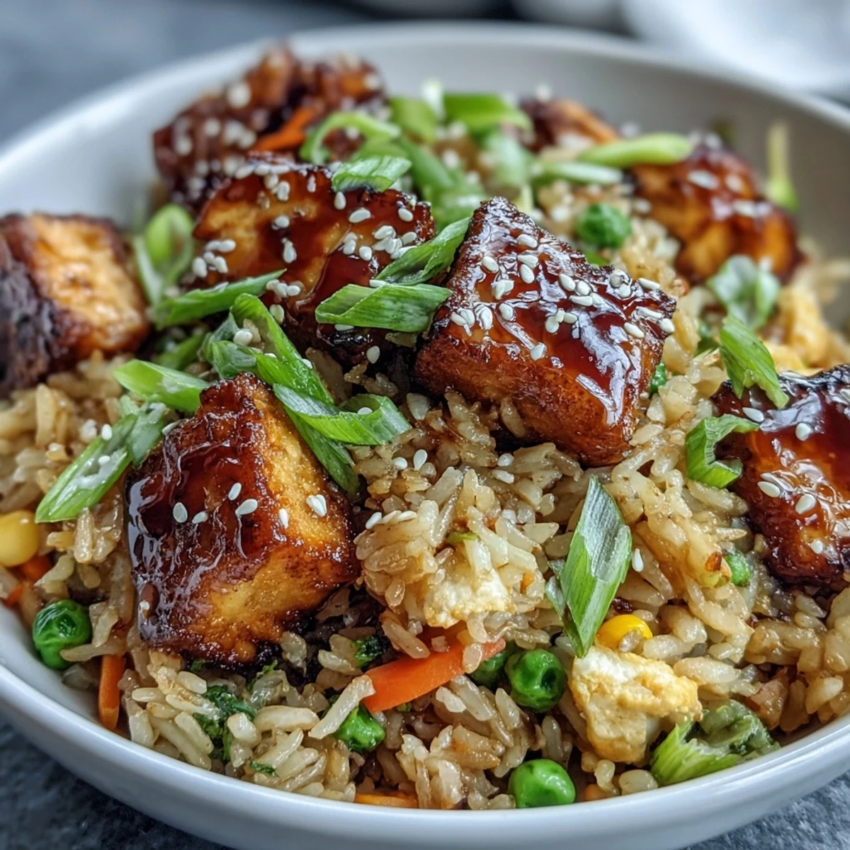 Golden-brown Crispy Sesame Tofu Fried Rice tossed with colorful mixed veggies and scallions in a wok.