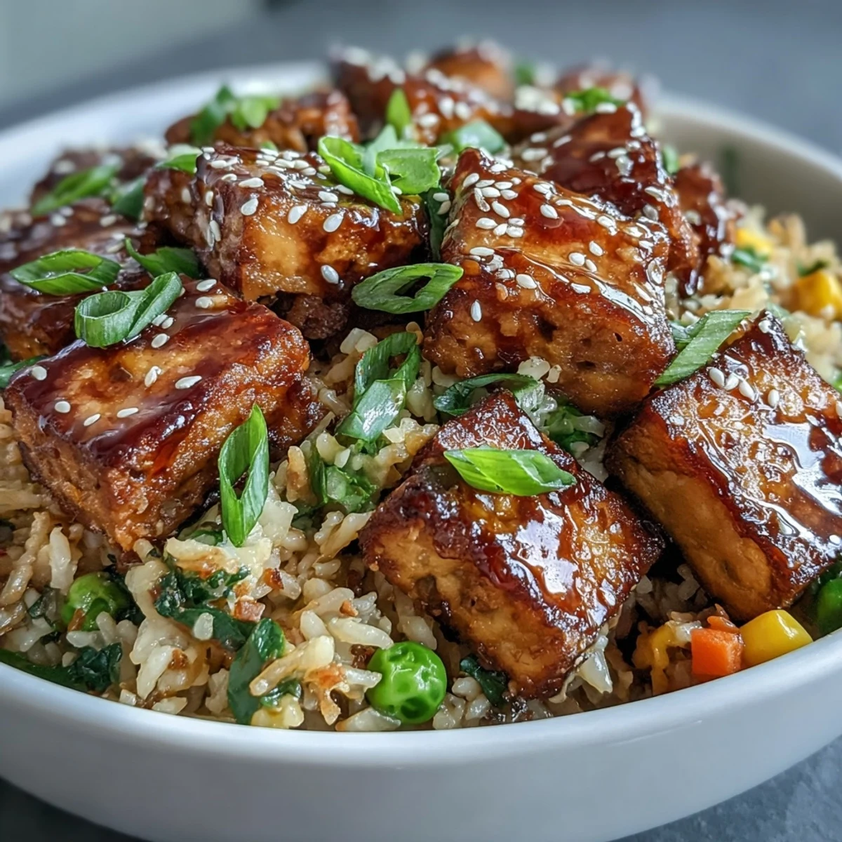 A close-up of Crispy Sesame Tofu Fried Rice featuring golden tofu cubes and savory sauce drizzle.