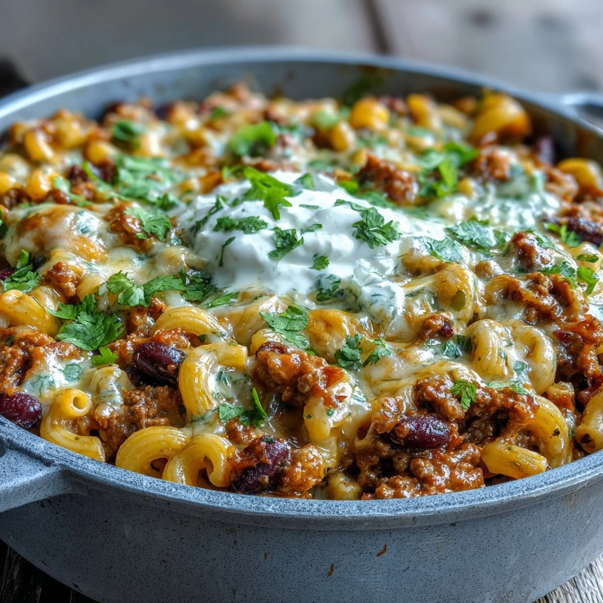 Un plat familial de Baked Ranch Turkey Chili Mac, au niveau doré du fromage, aux haricots rouges et noirs visibles.