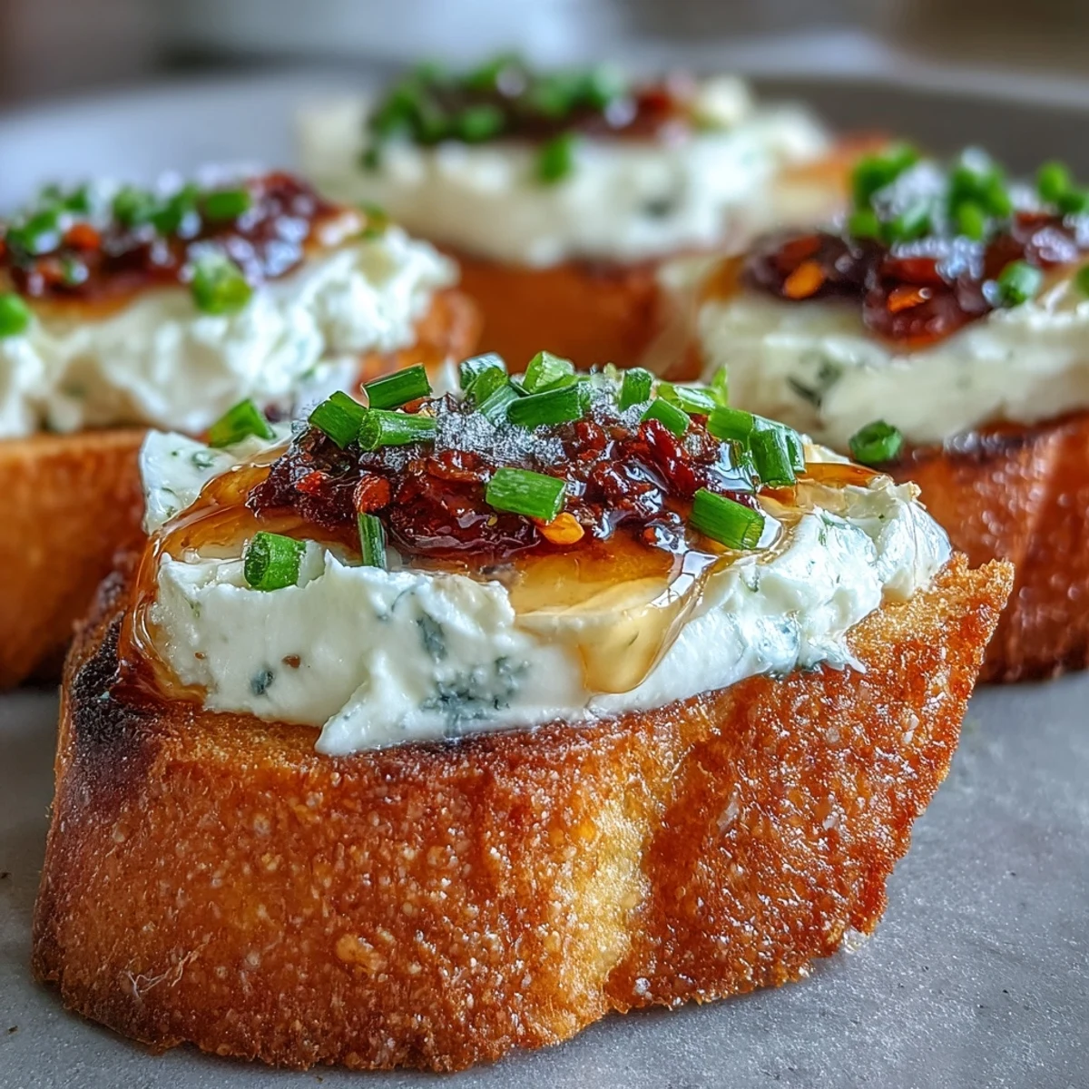 Golden hot honey goat cheese crostini on a wooden board, ready for a party appetizer. 