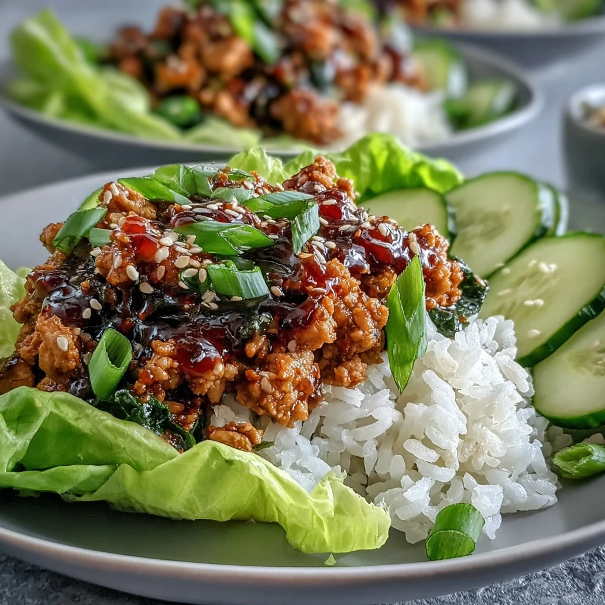 Sesame Turkey Lettuce Wrap Bowls: feuilles de laitue croquantes, dindonne au sésame, concombre et riz.