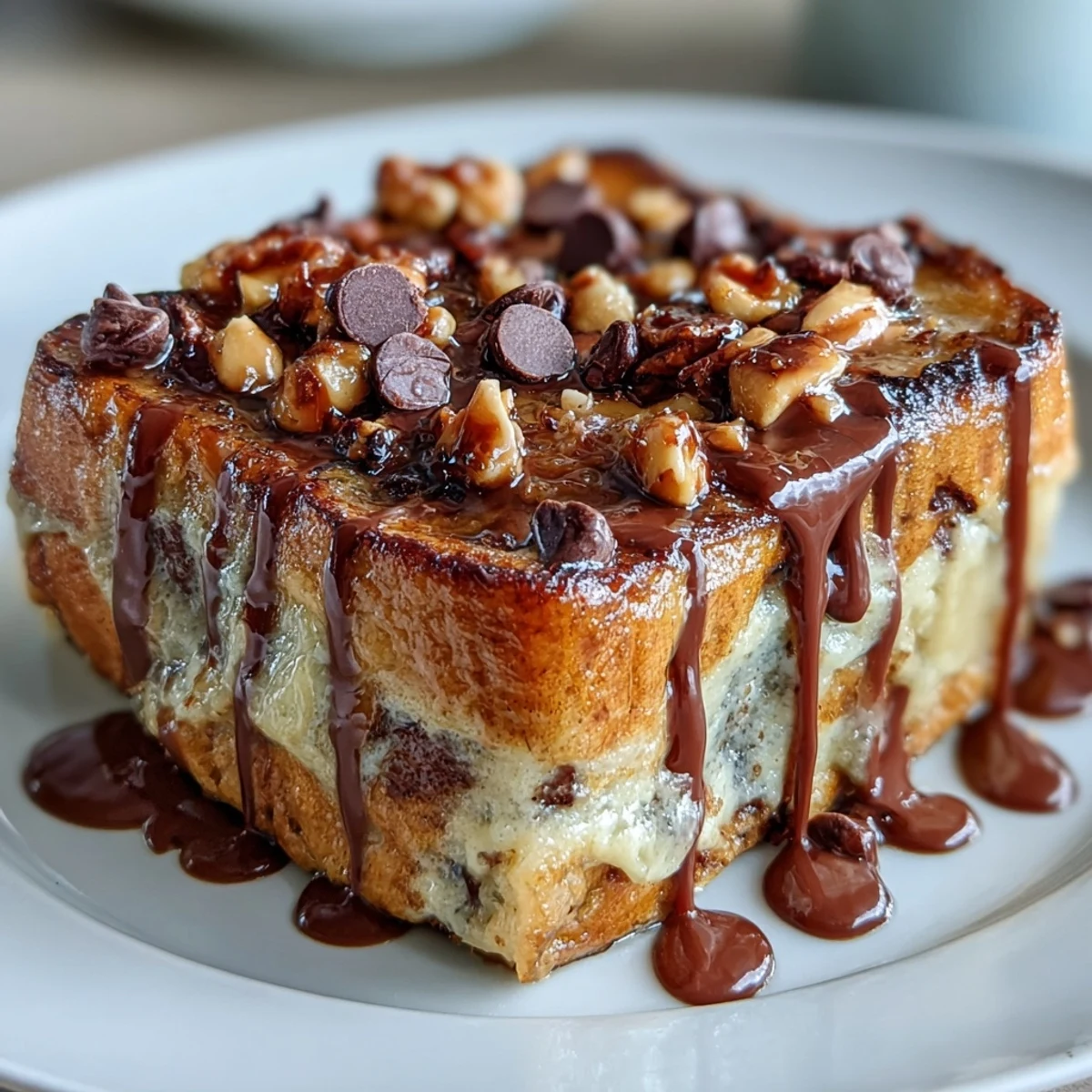 High-Protein Peanut Butter & Chocolate Baked French Toast encore tiède, présenté avec des tranches de banane et une cuillère de yaourt grec