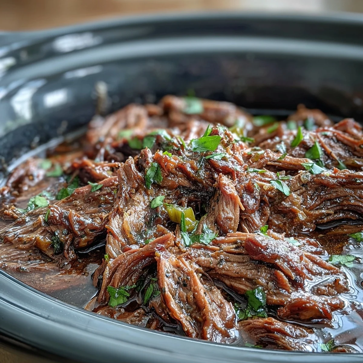 Golden shredded Slow Cooker Mississippi-Style Ranch Beef mixed with savory au jus, perfect for loading into toasted sandwich rolls with provolone.