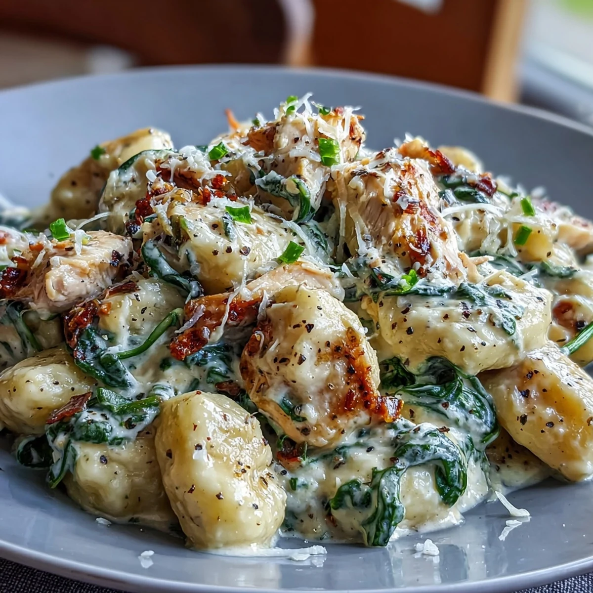 Gnocchi et poulet dorés nappés de sauce à la parmesan et d'épinards frais fumants.