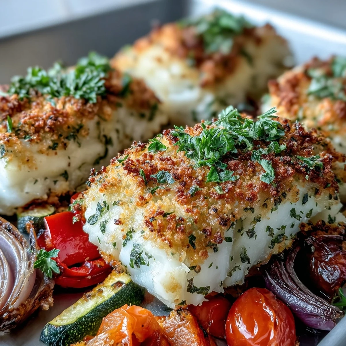 Golden Parmesan Crusted Sheet Pan Fish & Veg plated with zucchini, bell peppers, and a glass of crisp white wine.