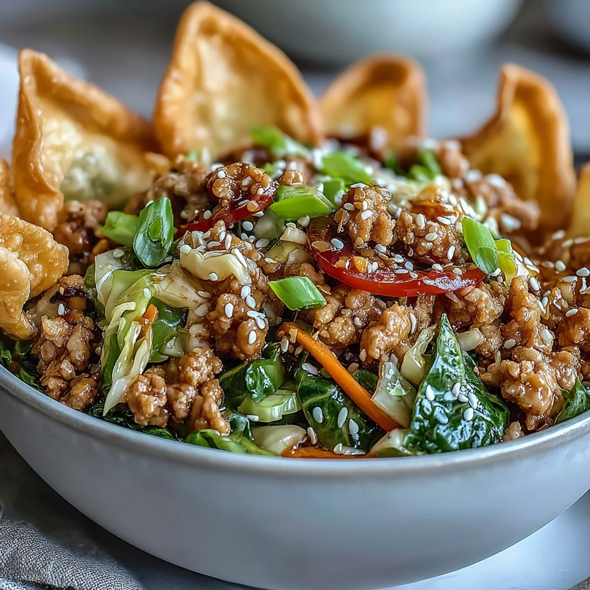 Bol de Turkey & Veggie Egg Roll au ranch avec croûtons croustillants et graines de sésame en garniture.