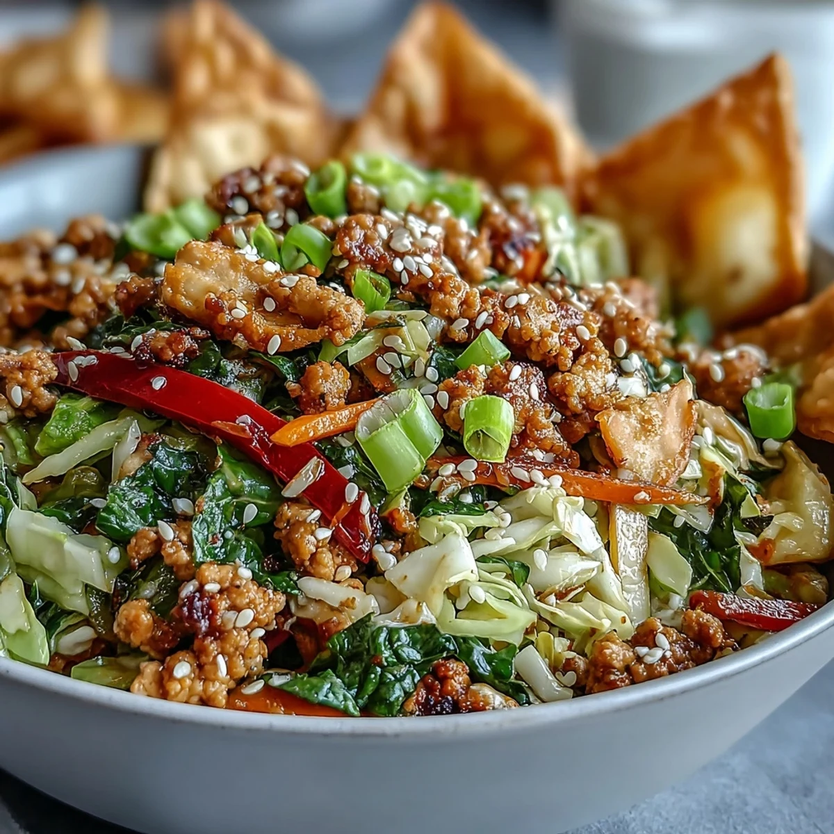 Bol savoureux de Turkey & Veggie Egg Roll au ranch, garni d'oignons verts et de cil frais.