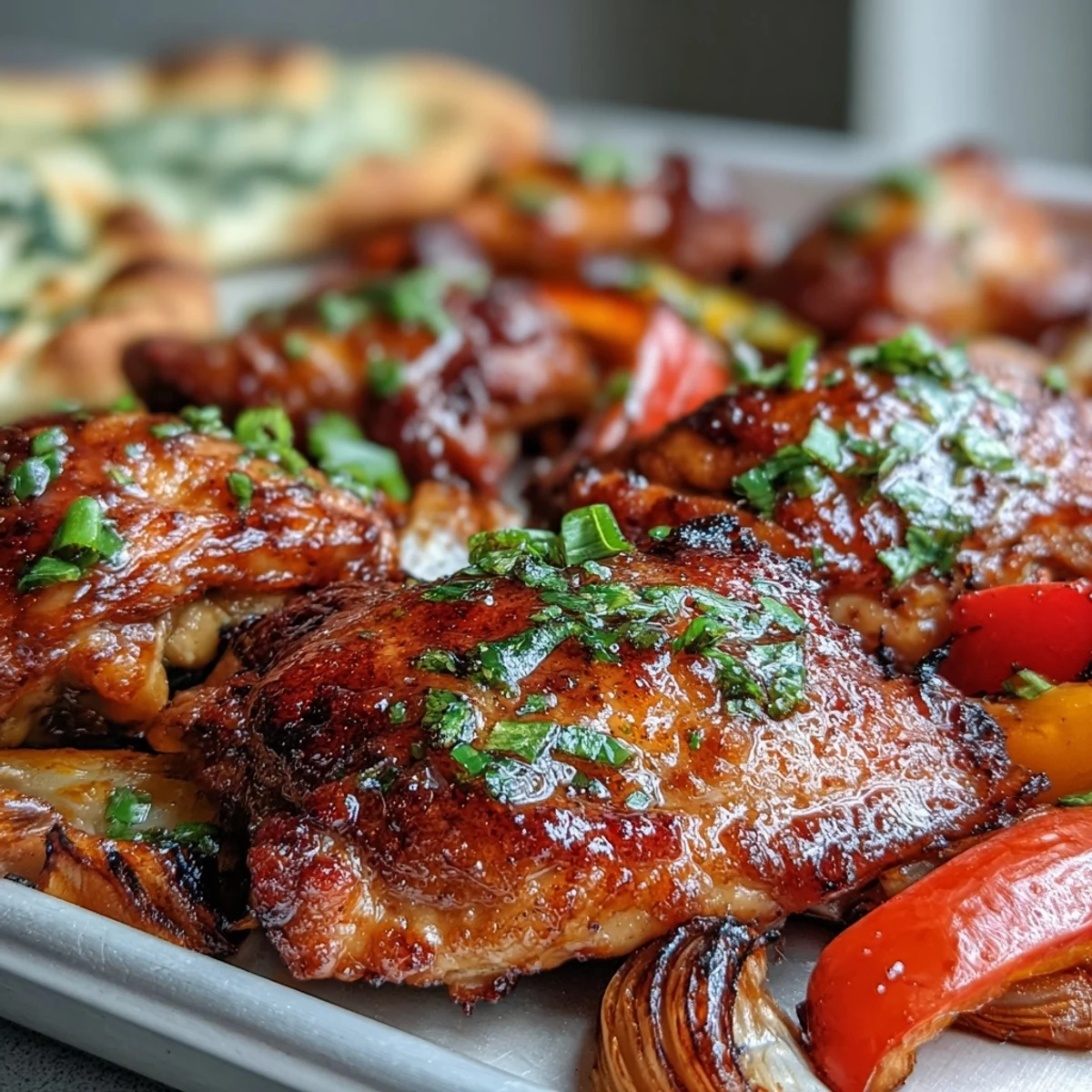 Golden-brown chicken thighs glazed in honey garlic sauce, roasted peppers, and warm garlic naan on a sheet pan.