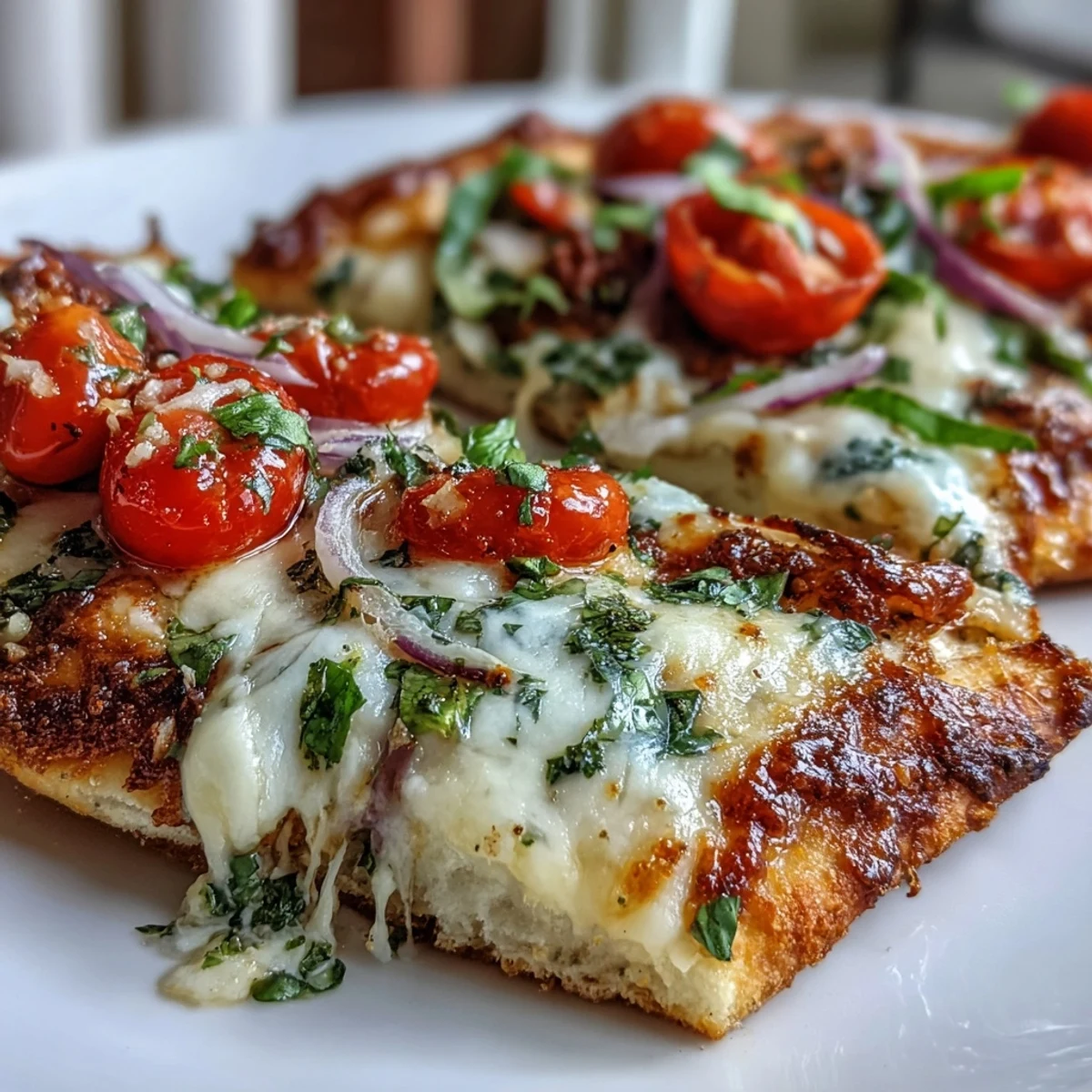 Crispy Garlic Parmesan naan pizza sortant du four fondant et doré, avec tomates cerises et épinards pour un repas rapide savoureux.