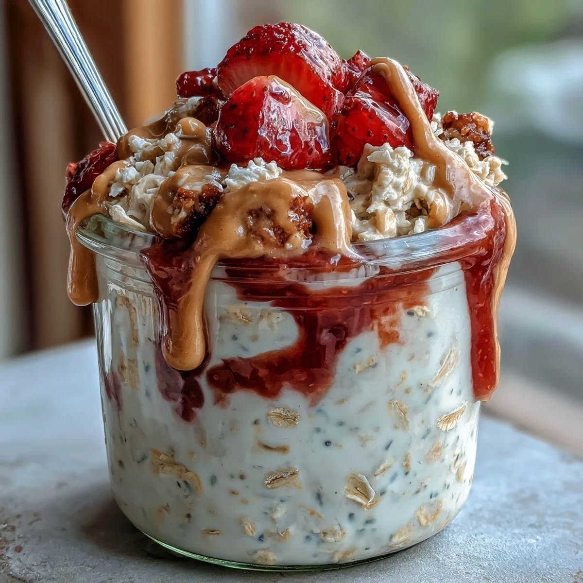 Une portion généreuse de Overnight Oats Protéinés au Beurre de Cacahuète et Confiture de Fraise, parfaite pour un petit-déjeuner riche en protéines.